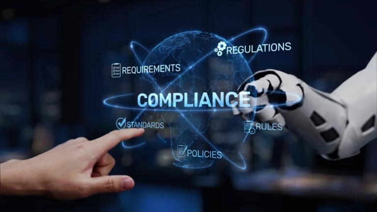 Human hand and robotic hand interacting over a digital globe labeled compliance, regulations, standards, policies, and rules.