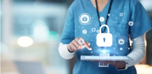 Healthcare professional using a digital tablet with virtual healthcare and cybersecurity icons, representing AI, patient data privacy, and HIPAA compliance in healthcare technology.