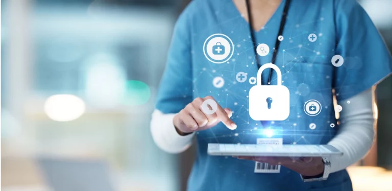 Healthcare professional using a digital tablet with virtual healthcare and cybersecurity icons, representing AI, patient data privacy, and HIPAA compliance in healthcare technology.